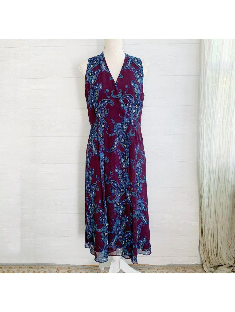 Cabi 3461 Treasure Dress Purple Blue Paisley Midi Pockets Size 8